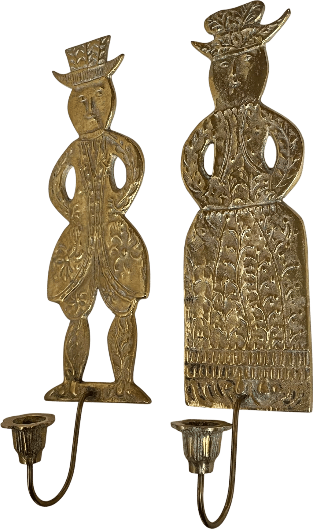 Vintage Danish Folk Art Brass Candle Sconces
