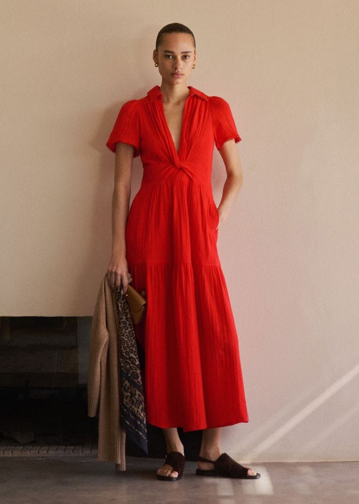 Women's Red Cheesecloth Twist Detail Fit + Flare Maxi Dress | ME+EM