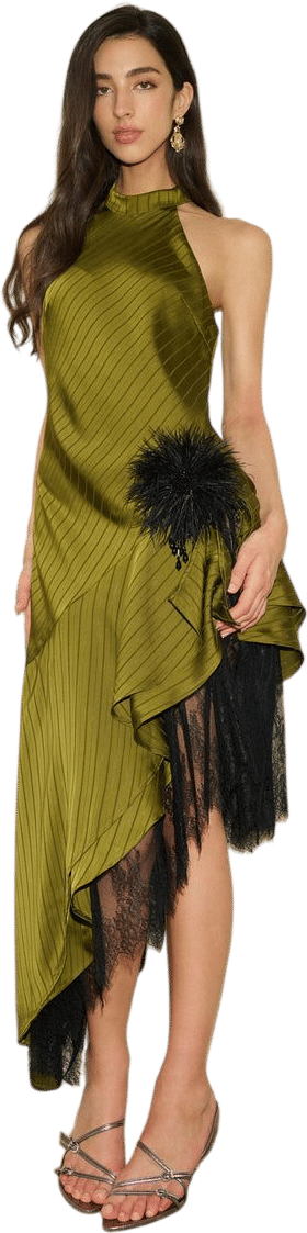 Ancosti Olive Pinstripe High-Neck Halter Dress