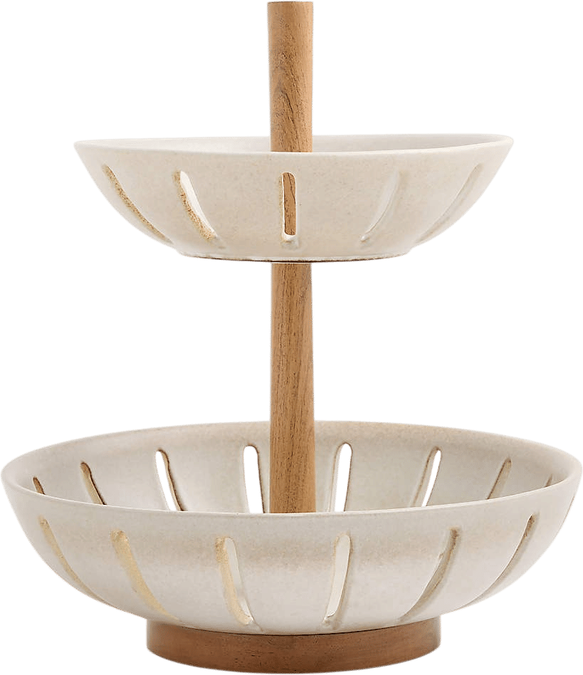 Ceramic and Wood 2-Tier Fruit Basket
