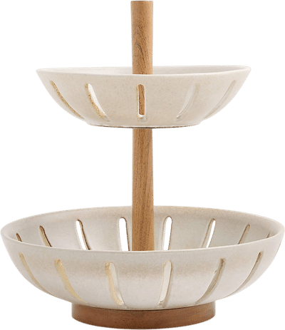 Ceramic and Wood 2-Tier Fruit Basket